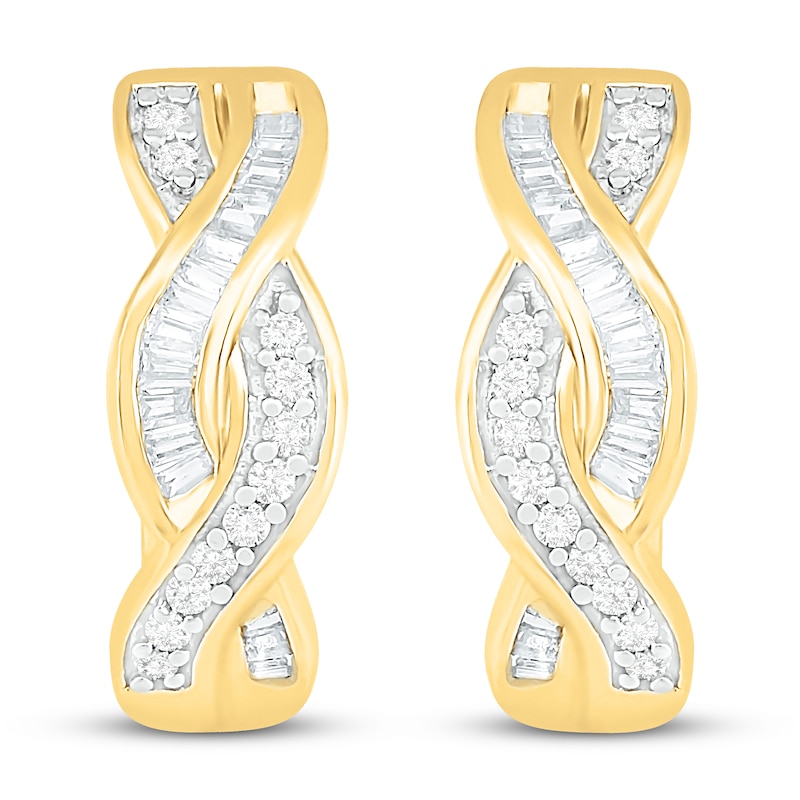 Main Image 3 of Diamond Hoop Earrings 1/2 ct tw Round & Baguette 10K Yellow Gold