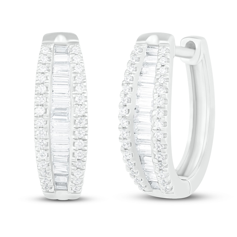 Main Image 1 of Diamond Hoop Earrings 5/8 ct tw Baguette/Round-Cut 10K White Gold