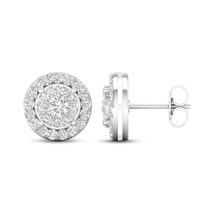 Main Image 2 of Diamond Halo Stud Earrings 1 ct tw Round-Cut 10K White Gold