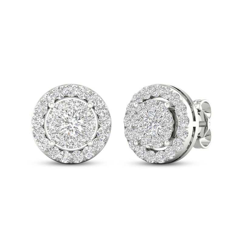 Main Image 3 of Diamond Halo Stud Earrings 1 ct tw Round-Cut 10K White Gold