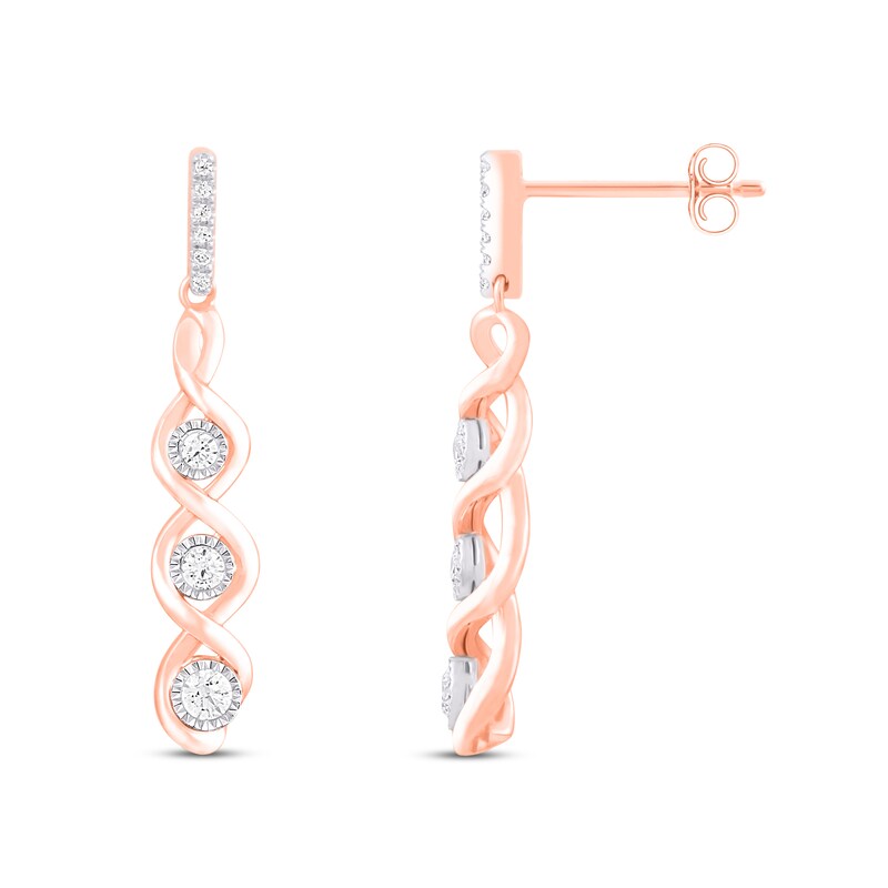 Main Image 1 of Diamond Dangle 3-Stone Earrings 1/4 ct tw Round-cut 10K Rose Gold