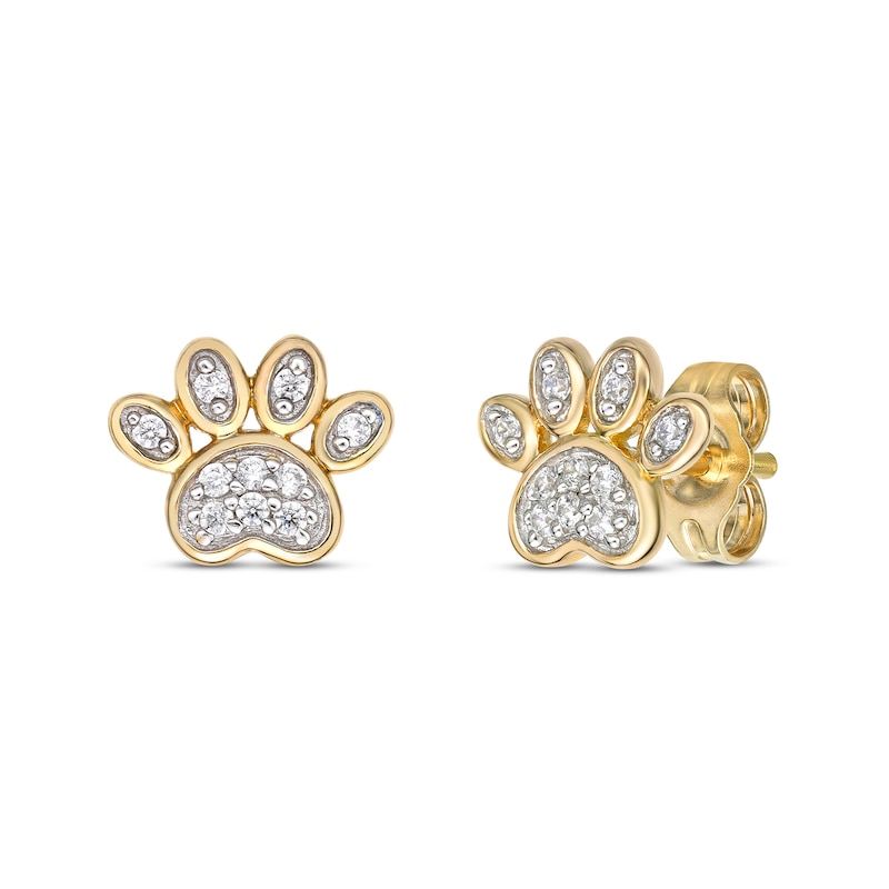 Main Image 1 of Diamond Paw Print Stud Earrings 1/10 ct tw Round-Cut 10K Yellow Gold