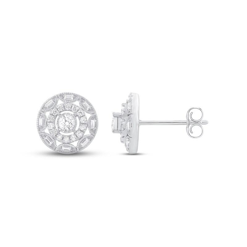 Diamond Stud Earrings 1/2 ct tw Round & Baguette-cut 10K White Gold