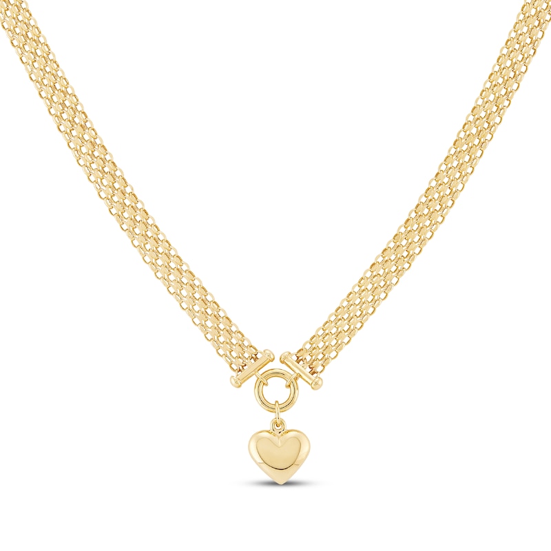 Main Image 1 of Heart Charm Bismark Necklace Hollow 14K Yellow Gold 18"