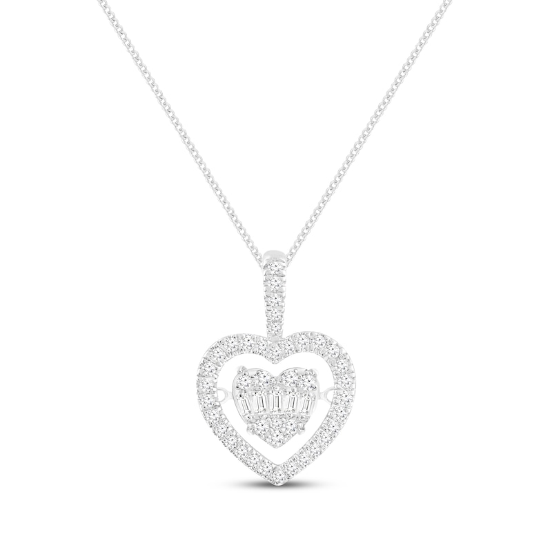 Main Image 1 of Unstoppable Love Baguette & Round-Cut Multi-Diamond Heart Necklace 1/3 ct tw 10K White Gold 19"