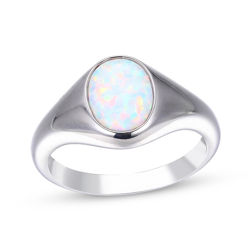 Main Image 1 of Oval-Cut Lab-Created Opal Signet Ring Sterling Silver
