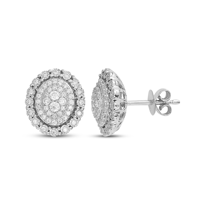 Round-Cut Multi-Diamond Center Oval-Shaped Stud Earrings 1/2 ct tw 10K White Gold