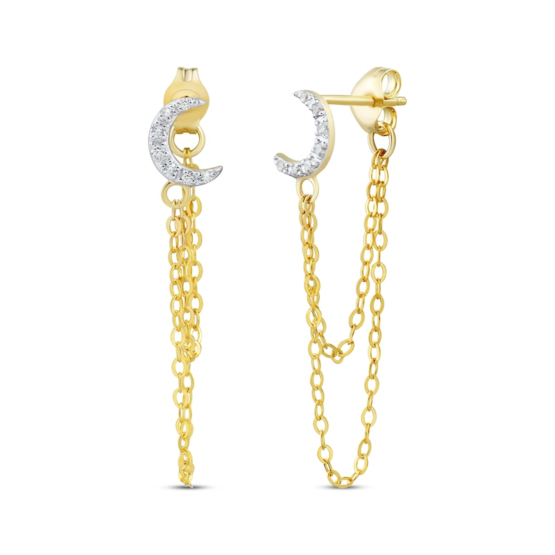 Main Image 1 of Round-Cut Diamond Moon & Chain Drop Front-Back Earrings 1/20 ct tw 10K Yellow Gold