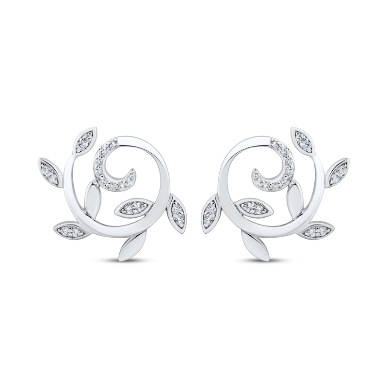 Main Image 2 of Round-Cut Diamond Leaf & Vine Swirl Stud Earrings 1/10 ct tw Sterling Silver
