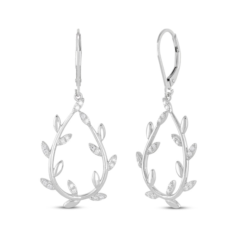 Main Image 1 of Round-Cut Diamond Leaf Hoop Drop Earrings 1/4 ct tw Sterling Silver