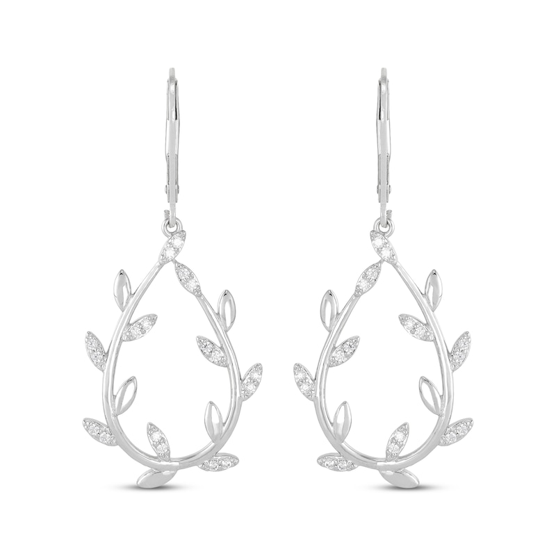 Main Image 2 of Round-Cut Diamond Leaf Hoop Drop Earrings 1/4 ct tw Sterling Silver