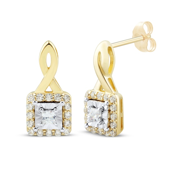 Princess & Round-Cut Diamond Earrings 1/4 ct tw 10K Yellow Gold