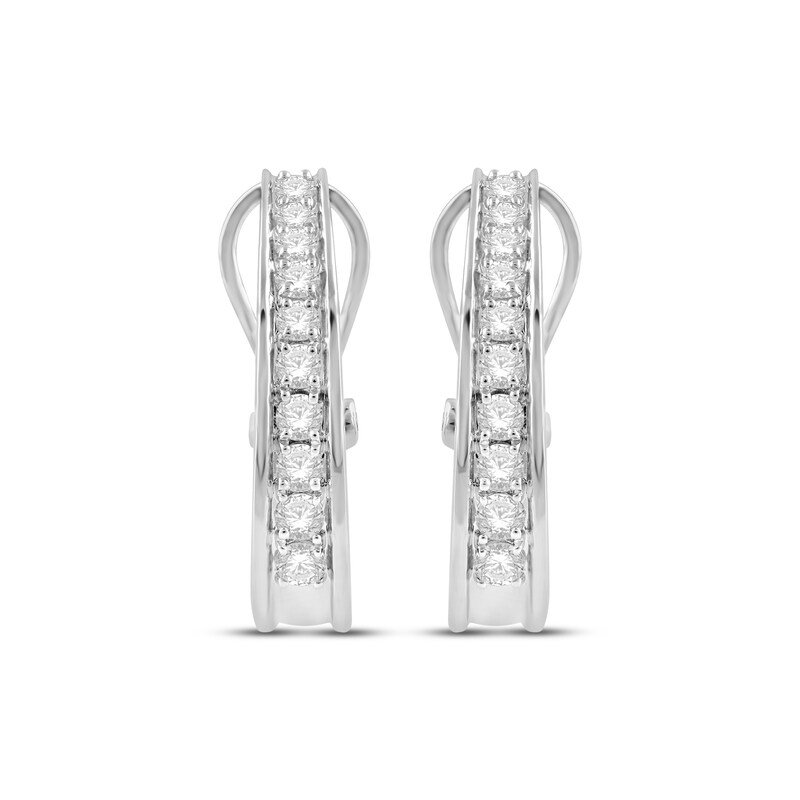 Main Image 2 of Round-Cut Diamond Oval Hoop Earrings 1 ct tw 10K White Gold