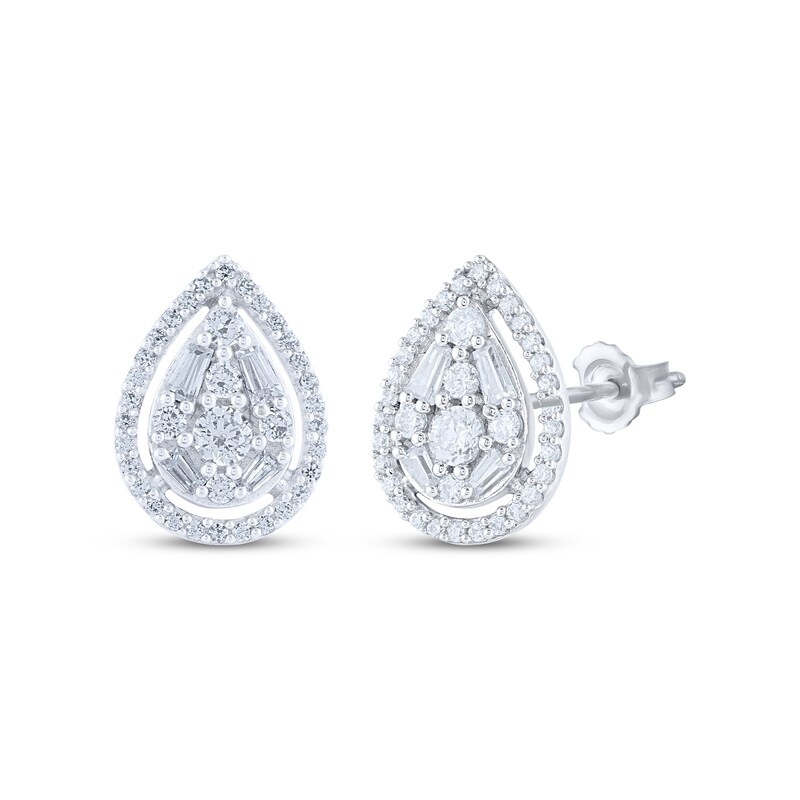 Main Image 1 of Baguette & Round-Cut Diamond Teardrop Stud Earrings 1/2 ct tw 10K White Gold