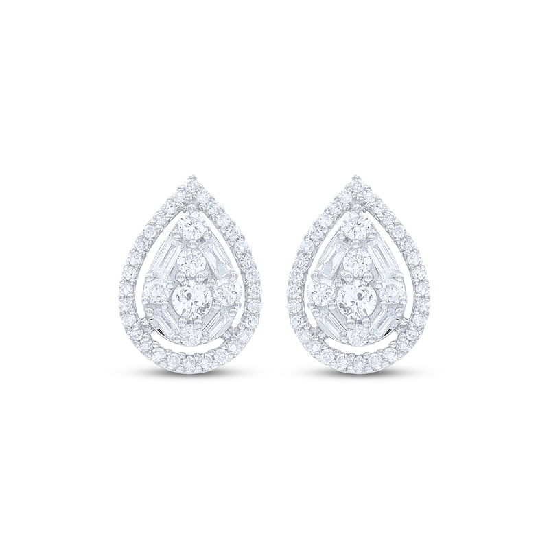 Main Image 2 of Baguette & Round-Cut Diamond Teardrop Stud Earrings 1/2 ct tw 10K White Gold