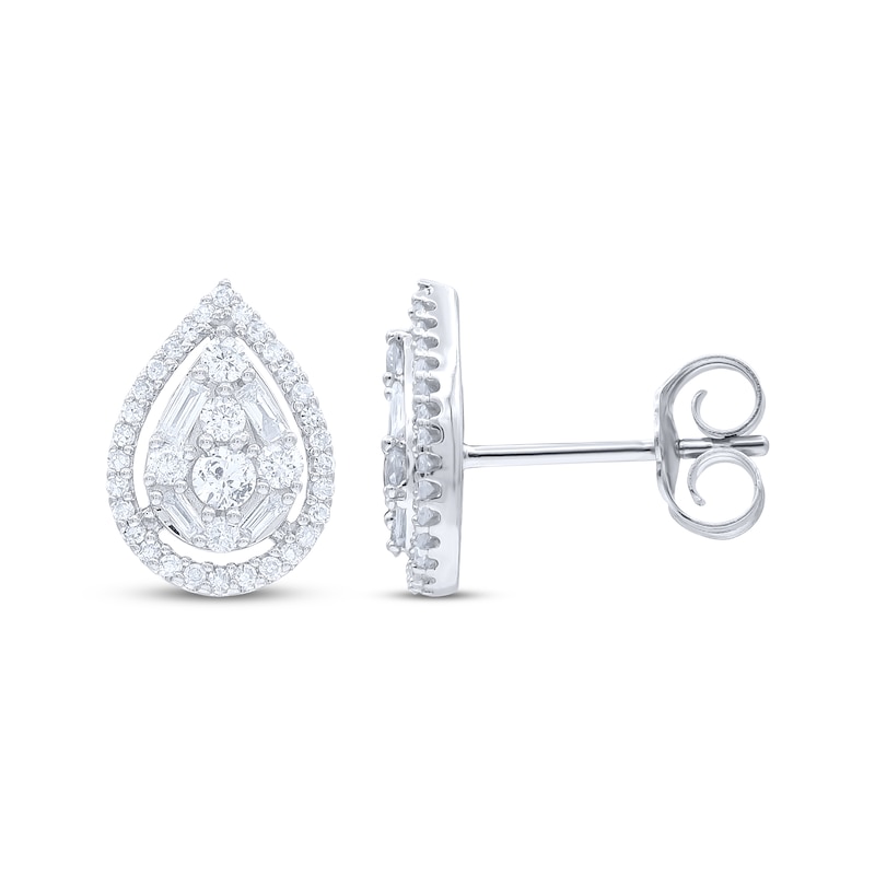 Baguette & Round-Cut Diamond Teardrop Stud Earrings 1/2 ct tw 10K White Gold