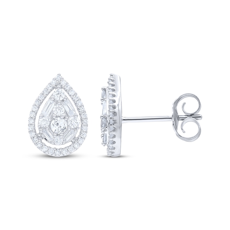 Main Image 3 of Baguette & Round-Cut Diamond Teardrop Stud Earrings 1/2 ct tw 10K White Gold