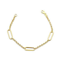 Hollow Paperclip Station & Rolo Chain Bracelet 10K Yellow Gold 7.5&quot;
