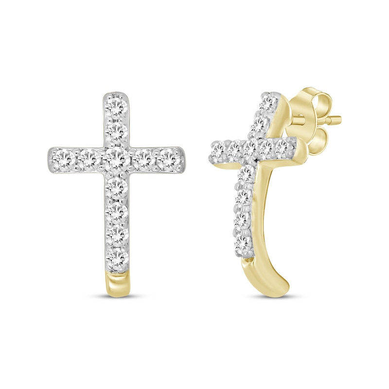 Main Image 1 of Diamond Curved Cross Earrings 1/6 ct tw 10K Yellow Gold 18"