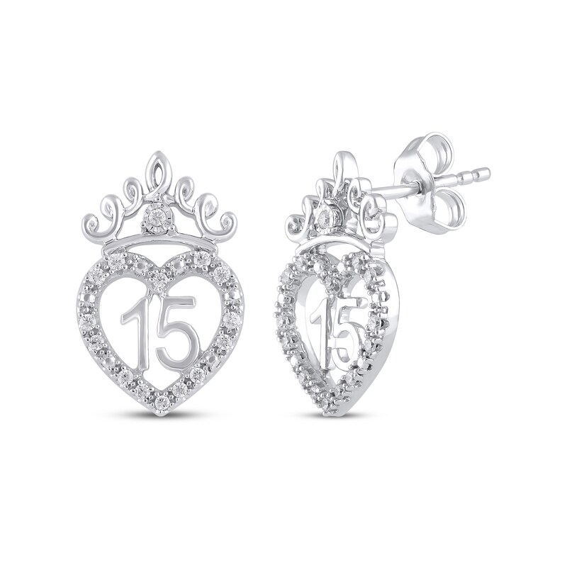 Main Image 1 of Diamond Quinceañera Heart with Crown Stud Earrings 1/6 ct tw 10K White Gold