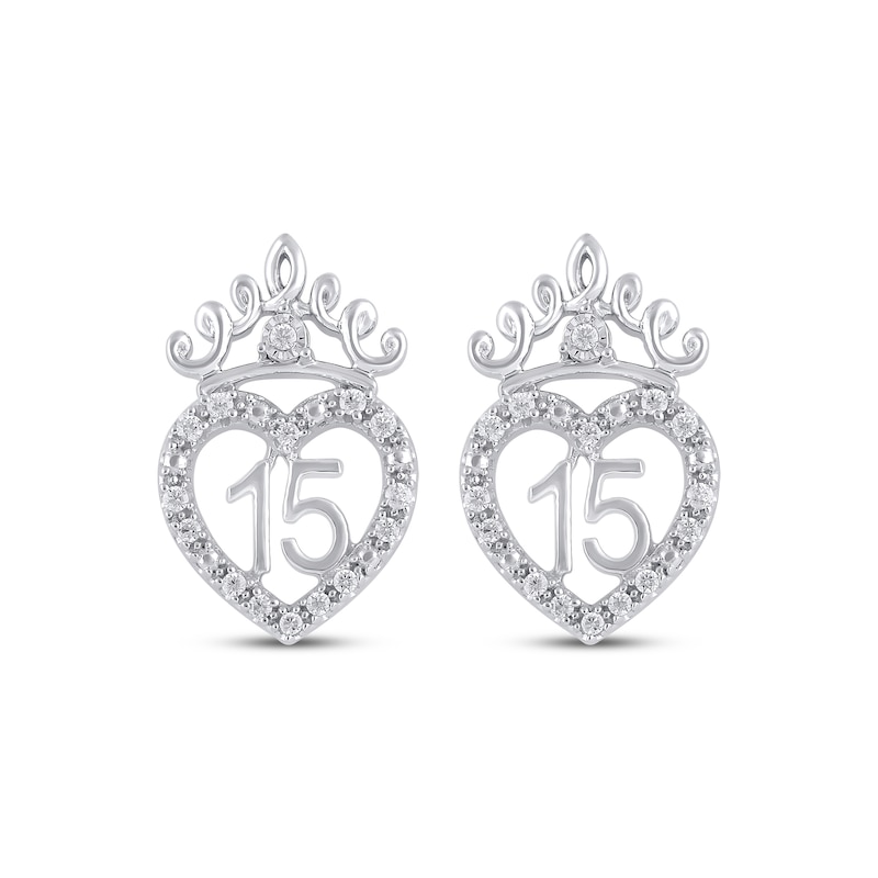 Diamond Quinceañera Heart with Crown Stud Earrings 1/6 ct tw 10K White Gold