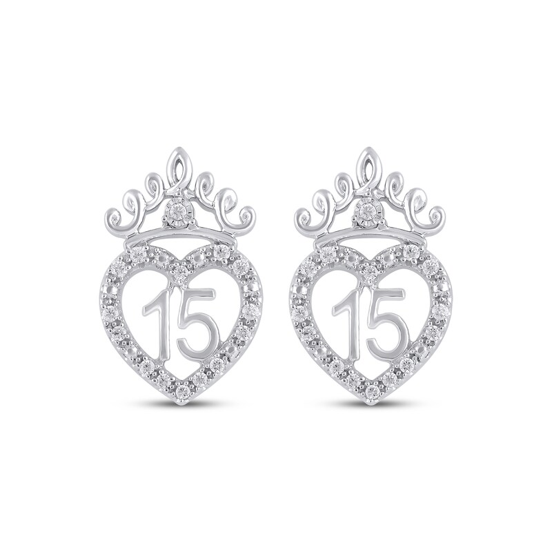 Main Image 2 of Diamond Quinceañera Heart with Crown Stud Earrings 1/6 ct tw 10K White Gold
