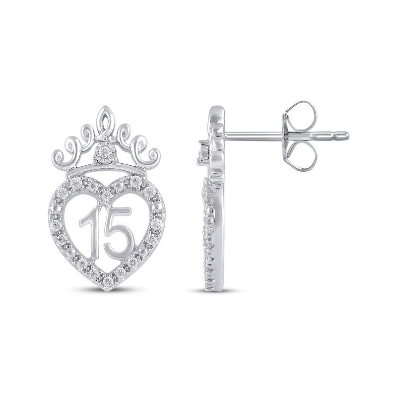 Main Image 3 of Diamond Quinceañera Heart with Crown Stud Earrings 1/6 ct tw 10K White Gold