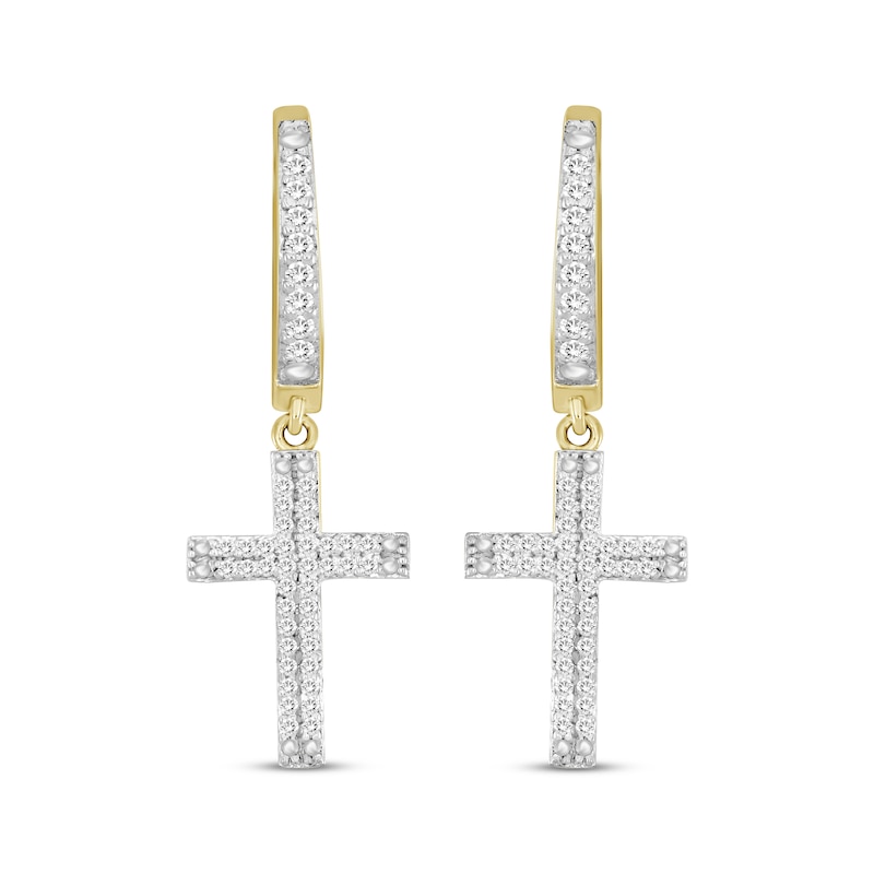 Main Image 2 of Diamond Hoop Drop Cross Earrings 1/4 ct tw 10K Yellow Gold