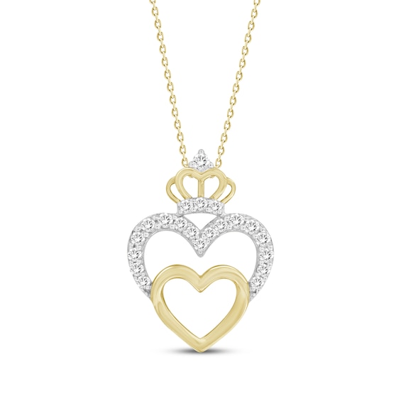 Diamond Double Heart with Crown Necklace 1/6 ct tw 10K Yellow Gold 16"