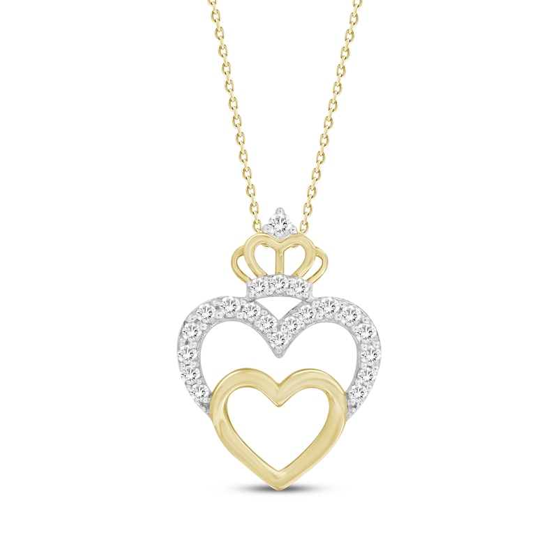 Main Image 1 of Diamond Double Heart with Crown Necklace 1/6 ct tw 10K Yellow Gold 16"