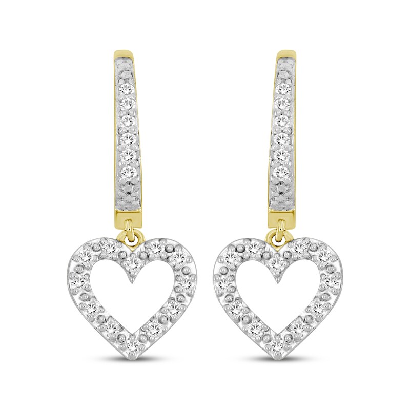 Main Image 2 of Diamond Hoop Drop Heart Earrings 1/4 ct tw 10K Yellow Gold