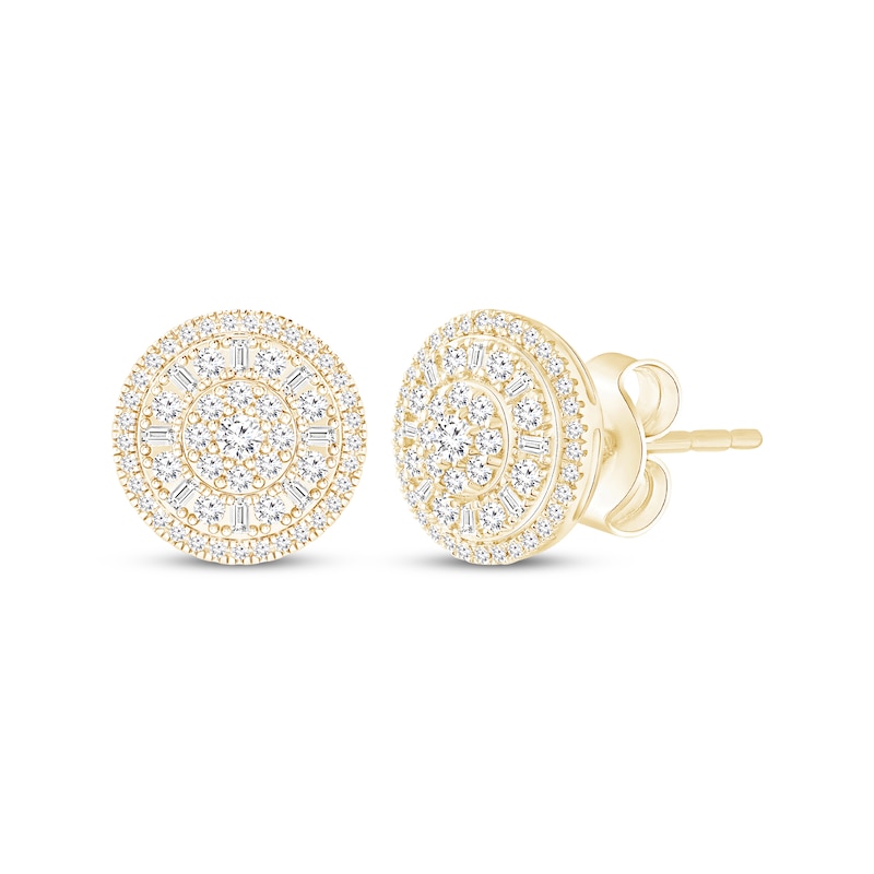 Main Image 1 of Baguette & Round-Cut Multi-Diamond Circle Stud Earrings 1 ct tw 10K Yellow Gold