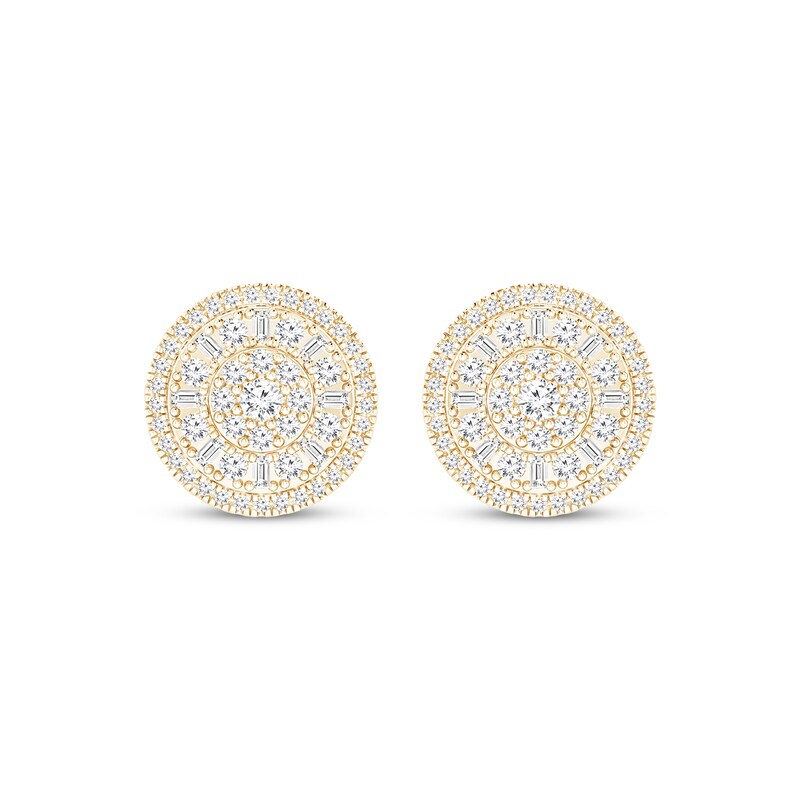 Main Image 2 of Baguette & Round-Cut Multi-Diamond Circle Stud Earrings 1 ct tw 10K Yellow Gold