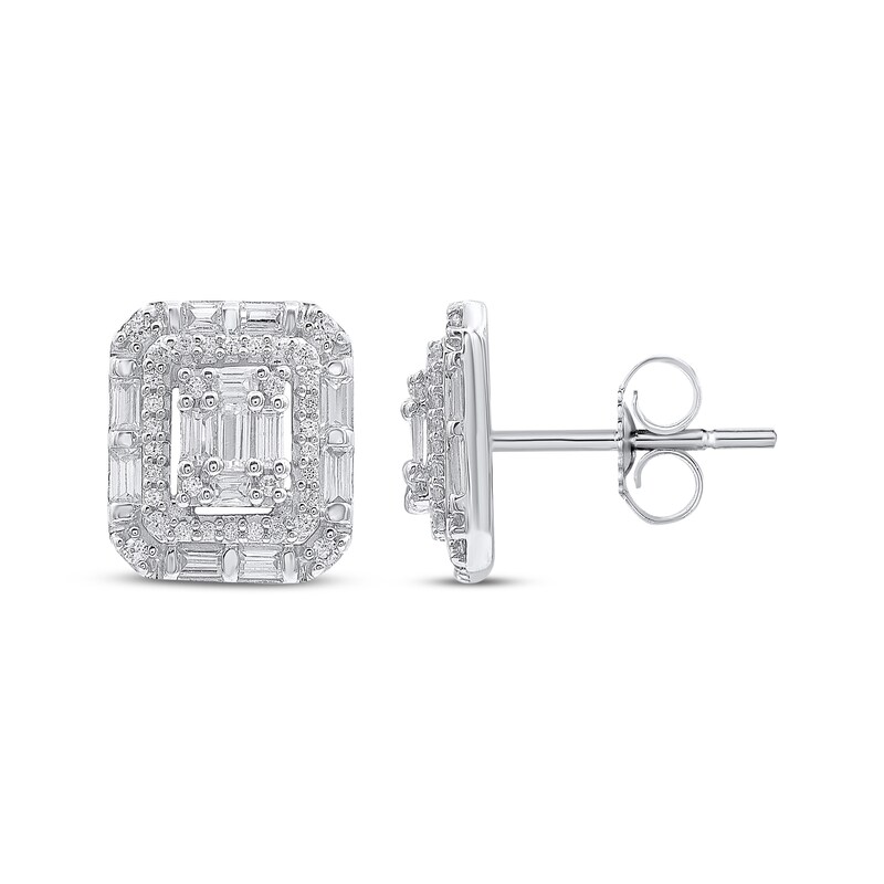 Main Image 1 of Baguette & Round-Cut Diamond Octagon Halo Stud Earrings 1/2 ct tw 10K White Gold