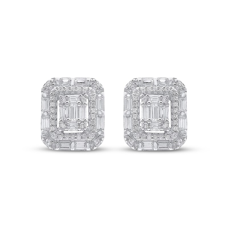 Main Image 2 of Baguette & Round-Cut Diamond Octagon Halo Stud Earrings 1/2 ct tw 10K White Gold