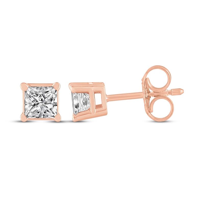 Main Image 3 of Princess-Cut Diamond Solitaire Stud Earrings 1/4 ct tw 14K Rose Gold (J/I3)