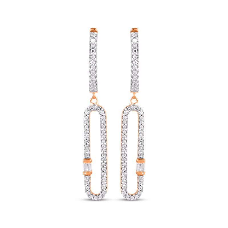 Main Image 2 of Baguette & Round-Cut Diamond Elongated Dangle Hoop Earrings 1/3 ct tw 10K Rose Gold