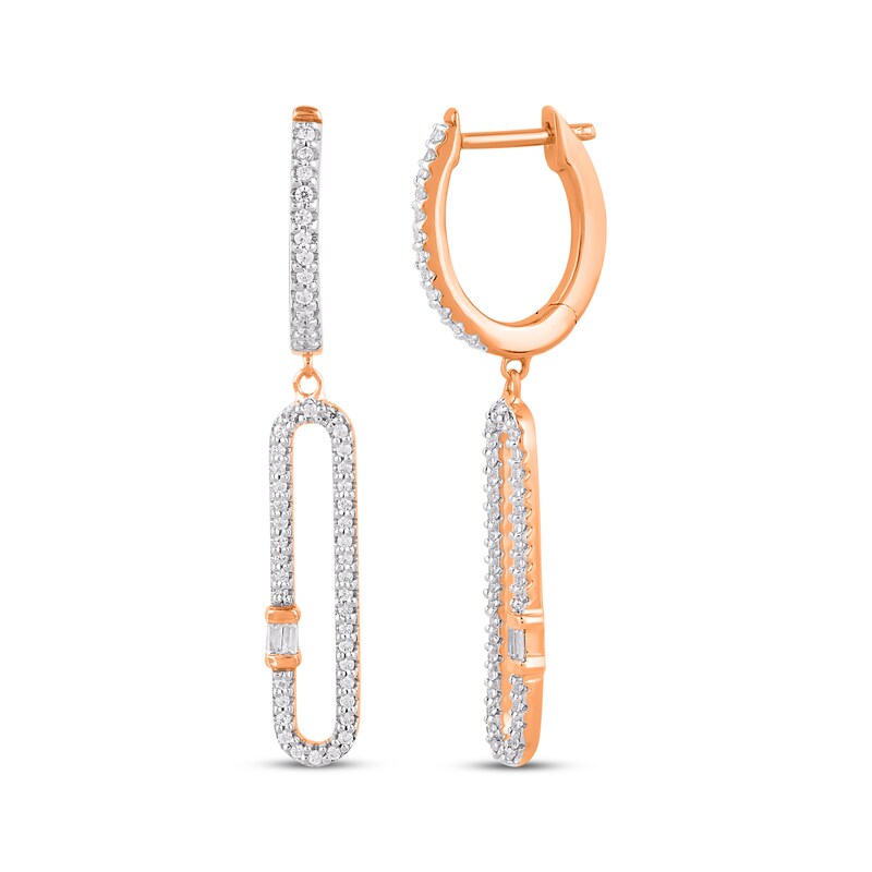 Main Image 3 of Baguette & Round-Cut Diamond Elongated Dangle Hoop Earrings 1/3 ct tw 10K Rose Gold