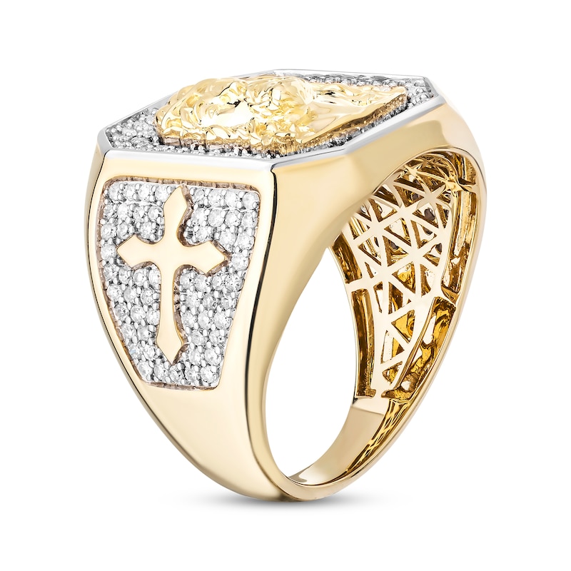 Main Image 2 of Men's White & Black Diamond Face of Jesus Signet Ring 1 ct tw 10K Yellow Gold