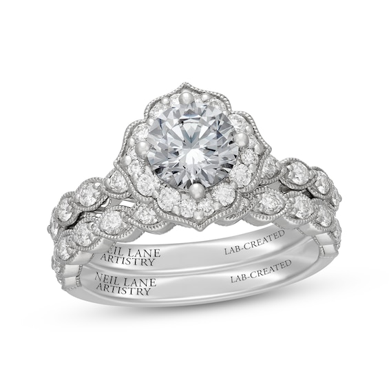 Neil Lane Artistry Heritage Round-Cut Lab-Grown Diamond Halo Bridal Set 1-5/8 ct tw 14K White Gold