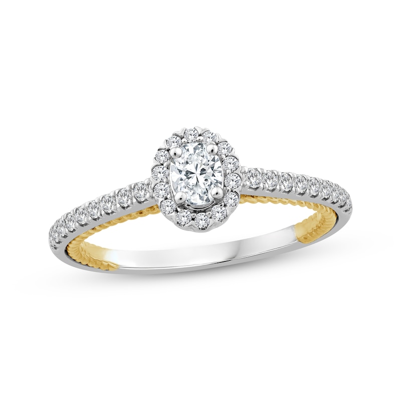 Main Image 1 of Threads of Love Oval-Cut Diamond Halo Engagement Ring 1/2 ct tw 14K Two-Tone Gold