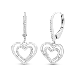 Diamond Double Heart Dangle Earrings 1/6 ct tw Sterling Silver