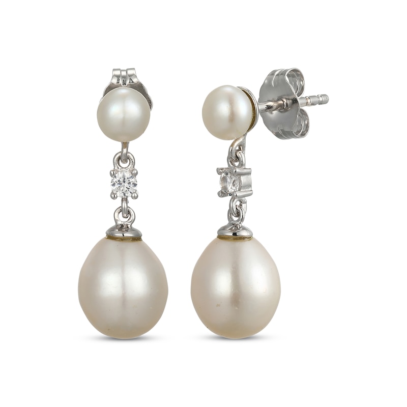 Main Image 1 of Cultured Pearl & White Lab-Created Sapphire Drop Earrings Sterling Silver