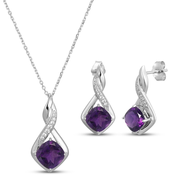 Main Image 1 of Cushion-Cut Amethyst & White Lab-Created Sapphire Necklace & Earrings Gift Set Sterling Silver