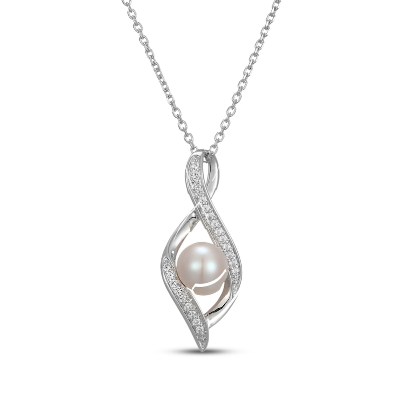 Main Image 1 of Cultured Pearl & White Lab-Created Sapphire Infinity Necklace Sterling Silver 18"