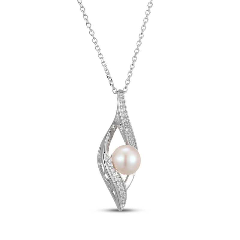 Main Image 2 of Cultured Pearl & White Lab-Created Sapphire Infinity Necklace Sterling Silver 18"