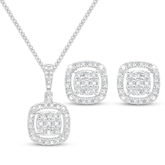 Multi-Diamond Cushion Halo Necklace & Earrings Gift Set 1/2 ct tw 10K White Gold