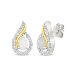 Pear-Shaped Lab-Created Opal & White Lab-Created Sapphire Flame Earrings Sterling Silver & 10K Yellow Gold