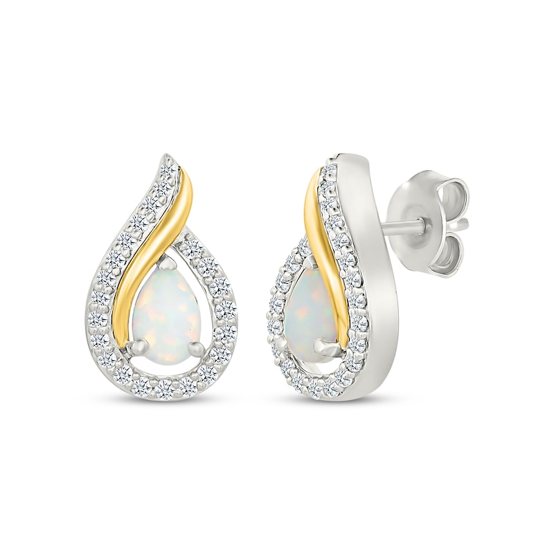 Main Image 1 of Pear-Shaped Lab-Created Opal & White Lab-Created Sapphire Flame Earrings Sterling Silver & 10K Yellow Gold