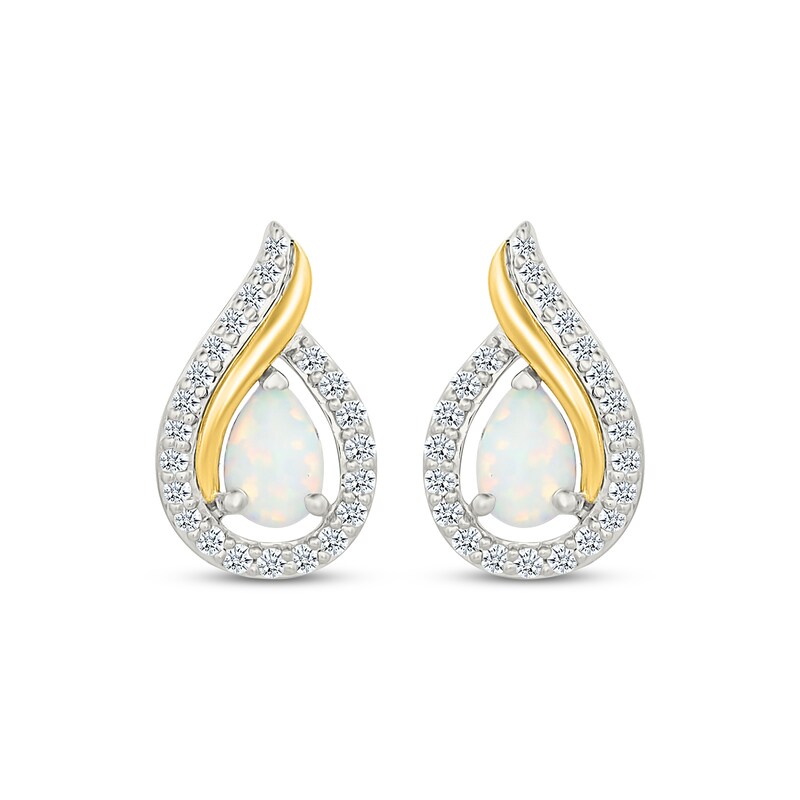 Main Image 2 of Pear-Shaped Lab-Created Opal & White Lab-Created Sapphire Flame Earrings Sterling Silver & 10K Yellow Gold